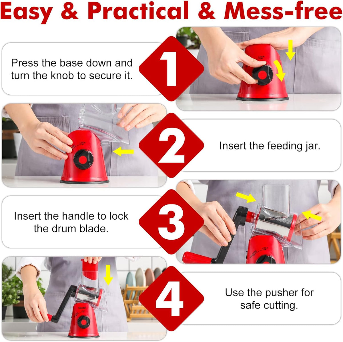 Cheese Grater Hand Crank, Rotary Cheese shredder, Vegetable Slicer | 3 Stainless Steel Blades, 12x Fast Cutting, Non-slip Suction Base, No BPA, Dishwasher Safe, Easy Use for Cheese, Veggies, Nut