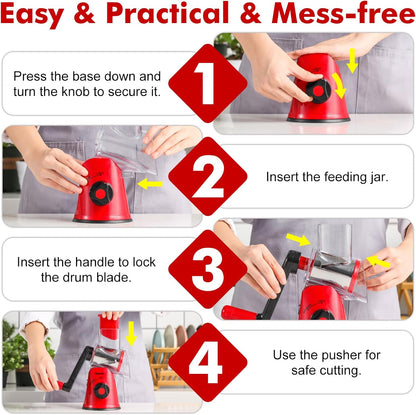 Cheese Grater Hand Crank, Rotary Cheese shredder, Vegetable Slicer | 3 Stainless Steel Blades, 12x Fast Cutting, Non-slip Suction Base, No BPA, Dishwasher Safe, Easy Use for Cheese, Veggies, Nut