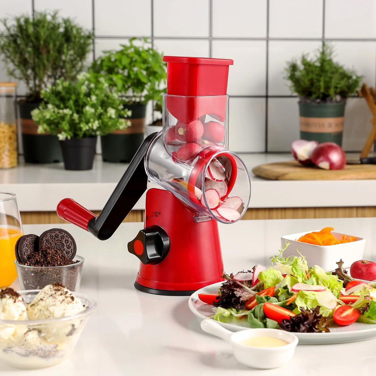 Cheese Grater Hand Crank, Rotary Cheese shredder, Vegetable Slicer | 3 Stainless Steel Blades, 12x Fast Cutting, Non-slip Suction Base, No BPA, Dishwasher Safe, Easy Use for Cheese, Veggies, Nut