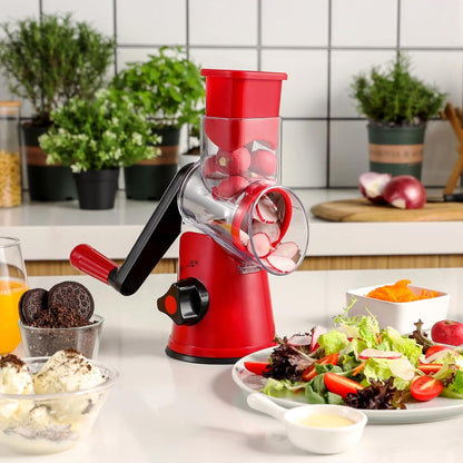 Cheese Grater Hand Crank, Rotary Cheese shredder, Vegetable Slicer | 3 Stainless Steel Blades, 12x Fast Cutting, Non-slip Suction Base, No BPA, Dishwasher Safe, Easy Use for Cheese, Veggies, Nut