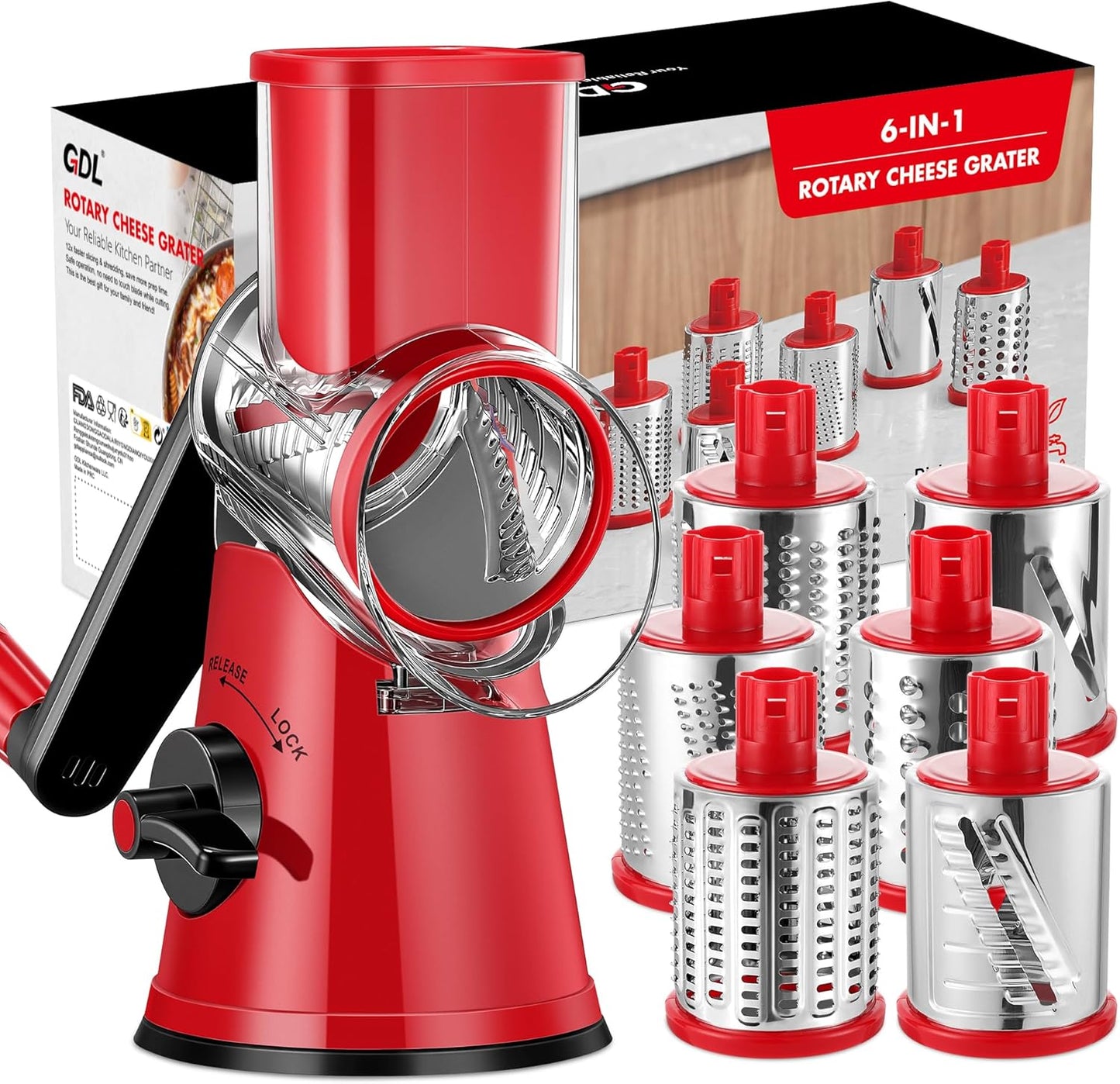 Cheese Grater Hand Crank, Rotary Cheese shredder, Vegetable Slicer | 3 Stainless Steel Blades, 12x Fast Cutting, Non-slip Suction Base, No BPA, Dishwasher Safe, Easy Use for Cheese, Veggies, Nut