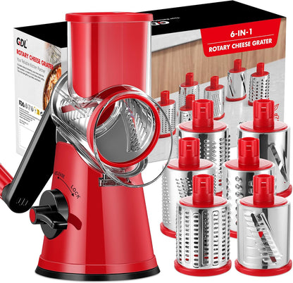 Cheese Grater Hand Crank, Rotary Cheese shredder, Vegetable Slicer | 3 Stainless Steel Blades, 12x Fast Cutting, Non-slip Suction Base, No BPA, Dishwasher Safe, Easy Use for Cheese, Veggies, Nut