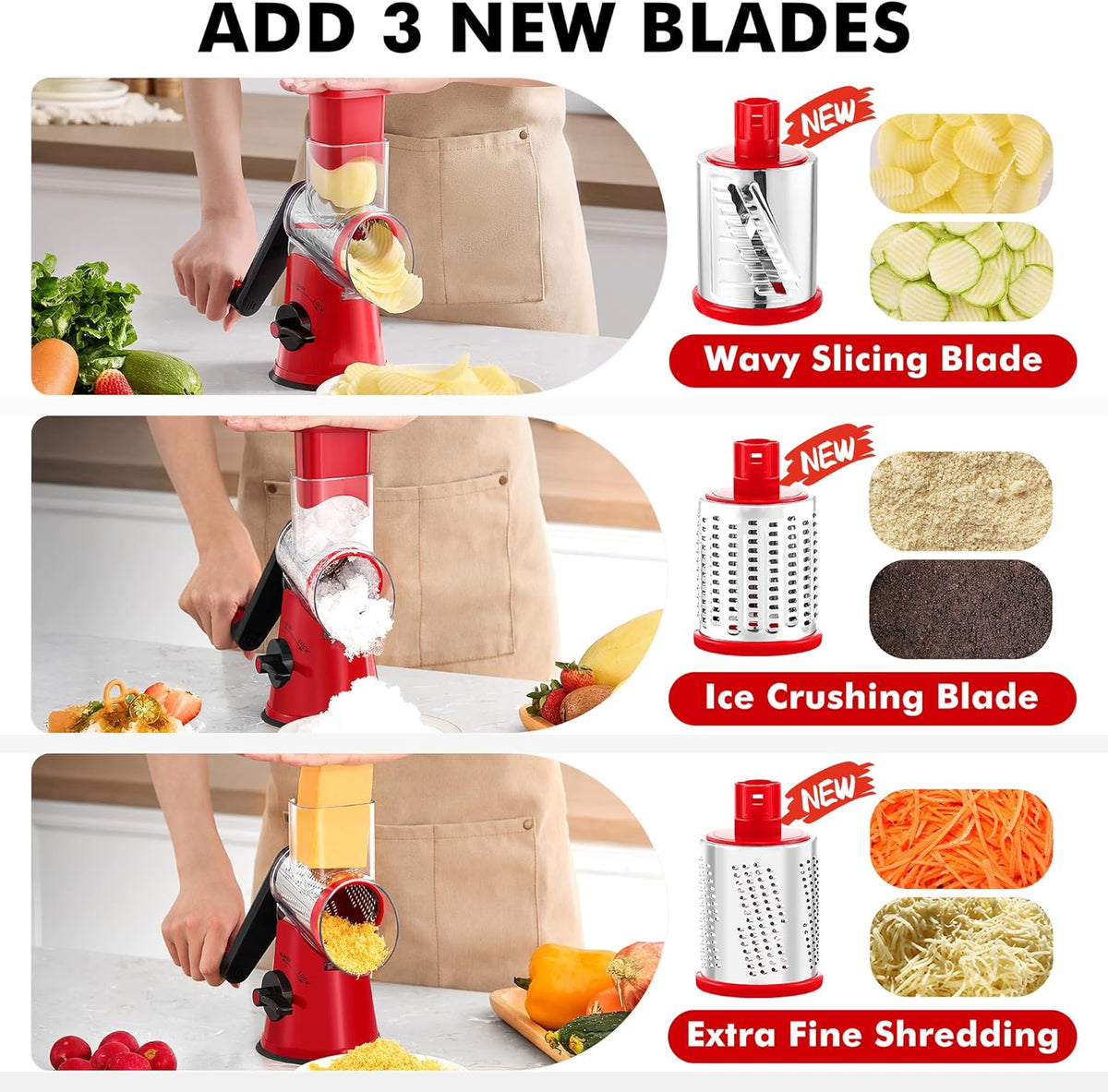 Cheese Grater Hand Crank, Rotary Cheese shredder, Vegetable Slicer | 3 Stainless Steel Blades, 12x Fast Cutting, Non-slip Suction Base, No BPA, Dishwasher Safe, Easy Use for Cheese, Veggies, Nut