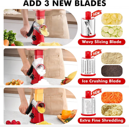 Cheese Grater Hand Crank, Rotary Cheese shredder, Vegetable Slicer | 3 Stainless Steel Blades, 12x Fast Cutting, Non-slip Suction Base, No BPA, Dishwasher Safe, Easy Use for Cheese, Veggies, Nut