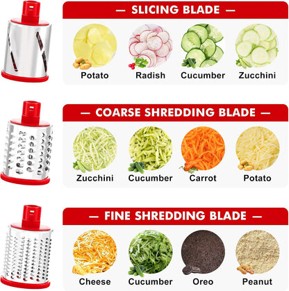 Cheese Grater Hand Crank, Rotary Cheese shredder, Vegetable Slicer | 3 Stainless Steel Blades, 12x Fast Cutting, Non-slip Suction Base, No BPA, Dishwasher Safe, Easy Use for Cheese, Veggies, Nut