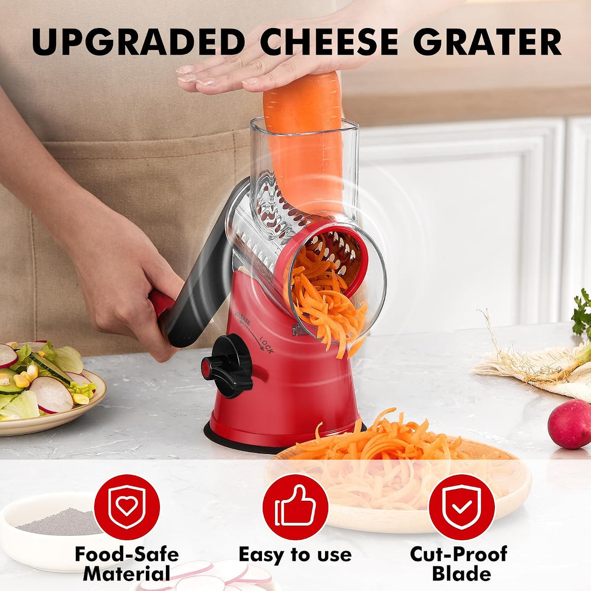 Cheese Grater Hand Crank, Rotary Cheese shredder, Vegetable Slicer | 3 Stainless Steel Blades, 12x Fast Cutting, Non-slip Suction Base, No BPA, Dishwasher Safe, Easy Use for Cheese, Veggies, Nut