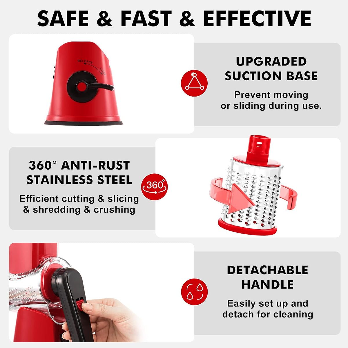 Cheese Grater Hand Crank, Rotary Cheese shredder, Vegetable Slicer | 3 Stainless Steel Blades, 12x Fast Cutting, Non-slip Suction Base, No BPA, Dishwasher Safe, Easy Use for Cheese, Veggies, Nut