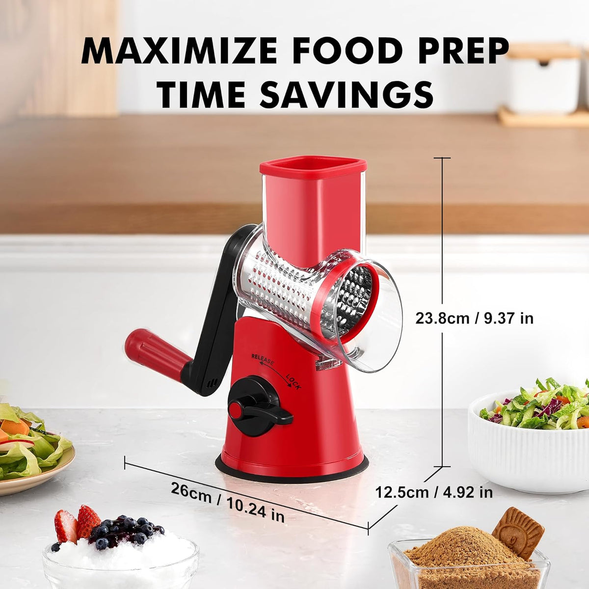 Cheese Grater Hand Crank, Rotary Cheese shredder, Vegetable Slicer | 3 Stainless Steel Blades, 12x Fast Cutting, Non-slip Suction Base, No BPA, Dishwasher Safe, Easy Use for Cheese, Veggies, Nut