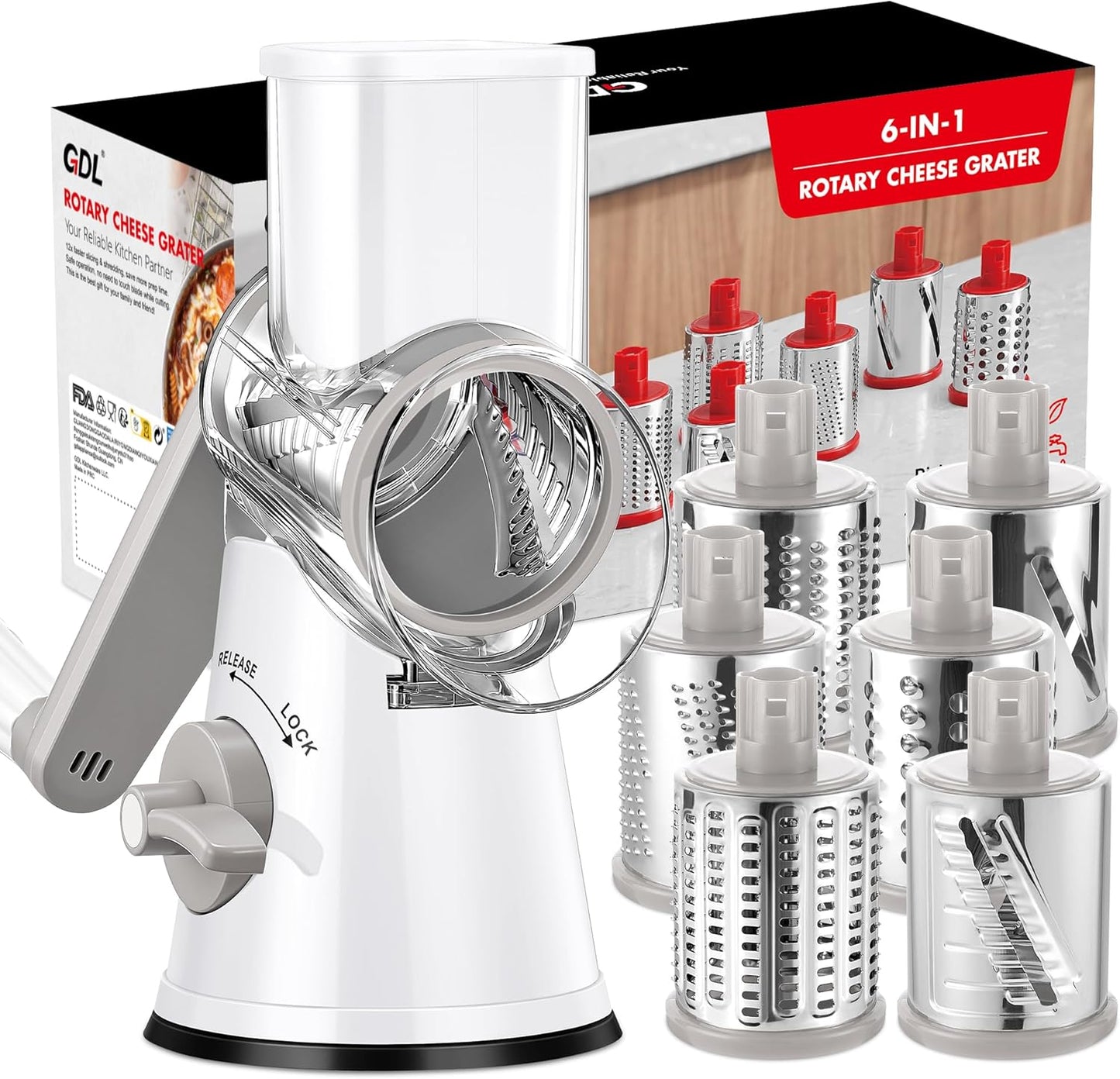 Cheese Grater Hand Crank, Rotary Cheese shredder, Vegetable Slicer | 3 Stainless Steel Blades, 12x Fast Cutting, Non-slip Suction Base, No BPA, Dishwasher Safe, Easy Use for Cheese, Veggies, Nut