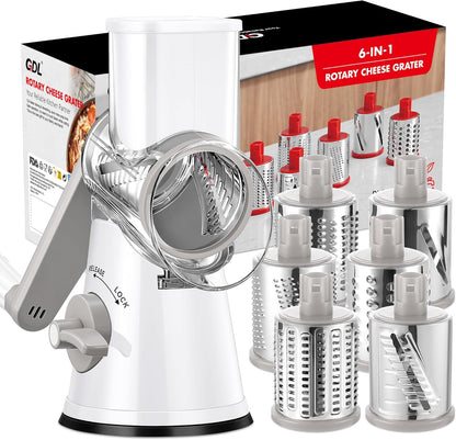 Cheese Grater Hand Crank, Rotary Cheese shredder, Vegetable Slicer | 3 Stainless Steel Blades, 12x Fast Cutting, Non-slip Suction Base, No BPA, Dishwasher Safe, Easy Use for Cheese, Veggies, Nut