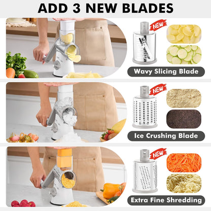 Cheese Grater Hand Crank, Rotary Cheese shredder, Vegetable Slicer | 3 Stainless Steel Blades, 12x Fast Cutting, Non-slip Suction Base, No BPA, Dishwasher Safe, Easy Use for Cheese, Veggies, Nut