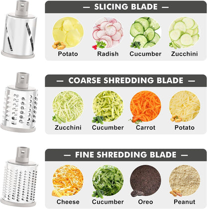 Cheese Grater Hand Crank, Rotary Cheese shredder, Vegetable Slicer | 3 Stainless Steel Blades, 12x Fast Cutting, Non-slip Suction Base, No BPA, Dishwasher Safe, Easy Use for Cheese, Veggies, Nut