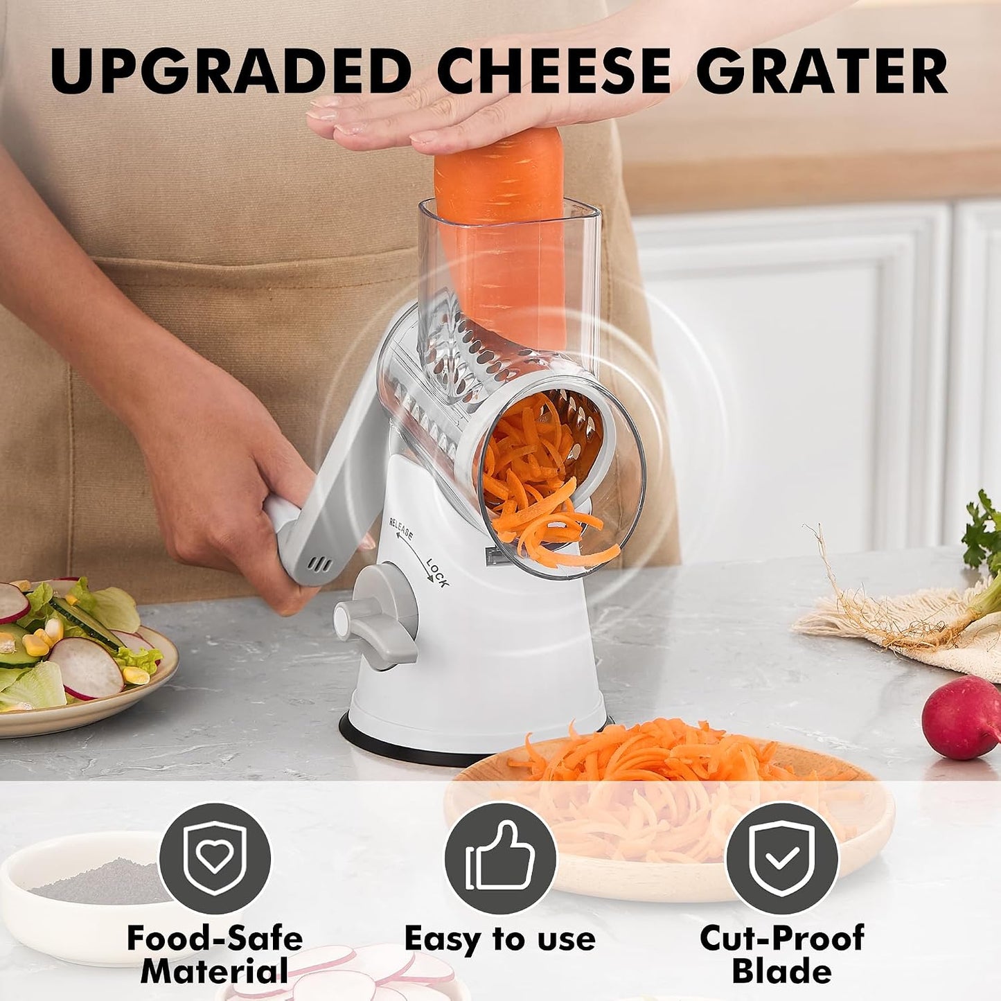 Cheese Grater Hand Crank, Rotary Cheese shredder, Vegetable Slicer | 3 Stainless Steel Blades, 12x Fast Cutting, Non-slip Suction Base, No BPA, Dishwasher Safe, Easy Use for Cheese, Veggies, Nut