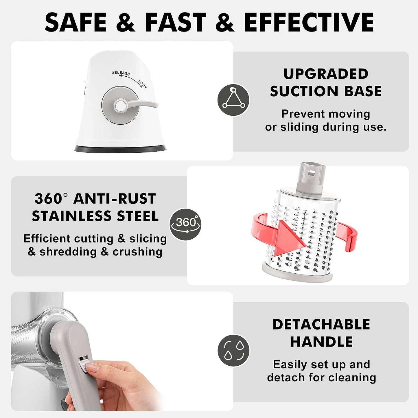 Cheese Grater Hand Crank, Rotary Cheese shredder, Vegetable Slicer | 3 Stainless Steel Blades, 12x Fast Cutting, Non-slip Suction Base, No BPA, Dishwasher Safe, Easy Use for Cheese, Veggies, Nut