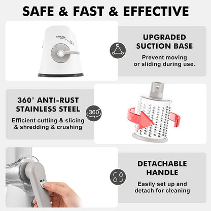 Cheese Grater Hand Crank, Rotary Cheese shredder, Vegetable Slicer | 3 Stainless Steel Blades, 12x Fast Cutting, Non-slip Suction Base, No BPA, Dishwasher Safe, Easy Use for Cheese, Veggies, Nut