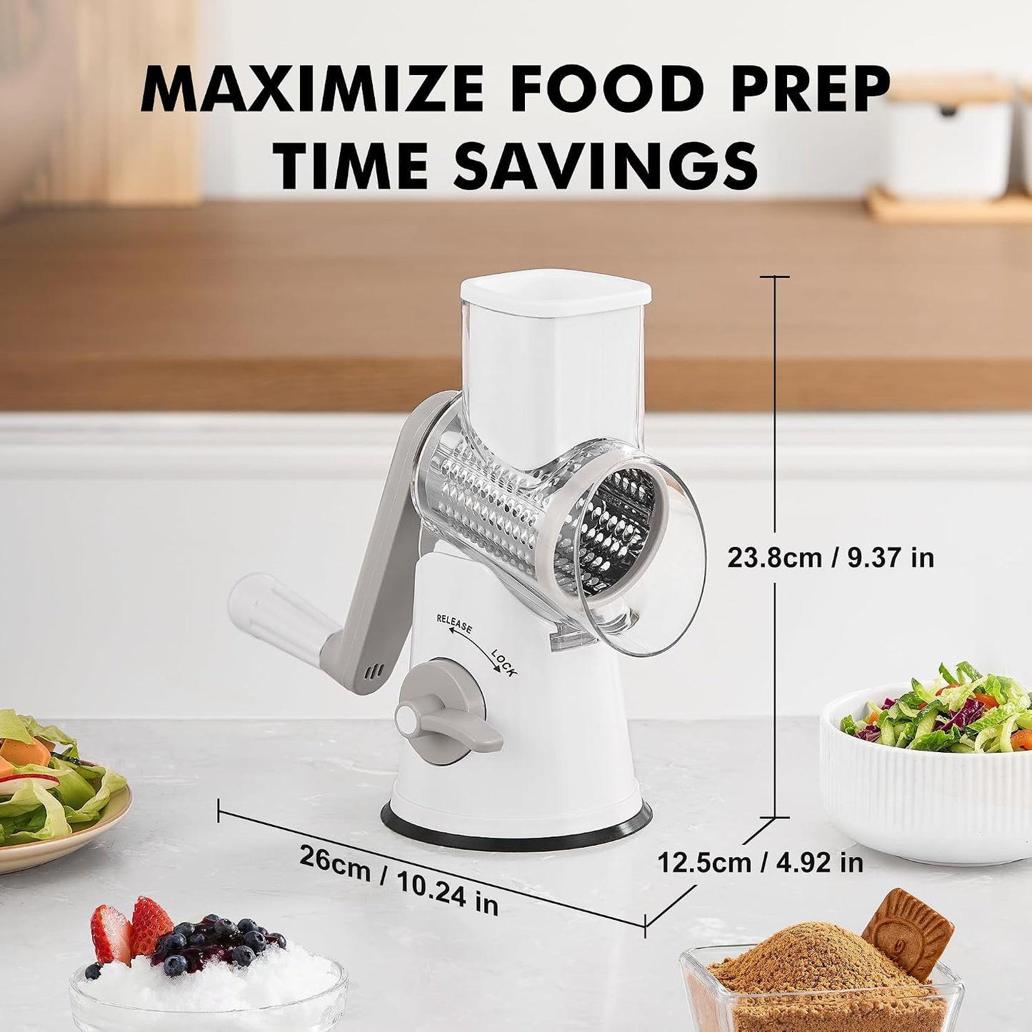 Cheese Grater Hand Crank, Rotary Cheese shredder, Vegetable Slicer | 3 Stainless Steel Blades, 12x Fast Cutting, Non-slip Suction Base, No BPA, Dishwasher Safe, Easy Use for Cheese, Veggies, Nut