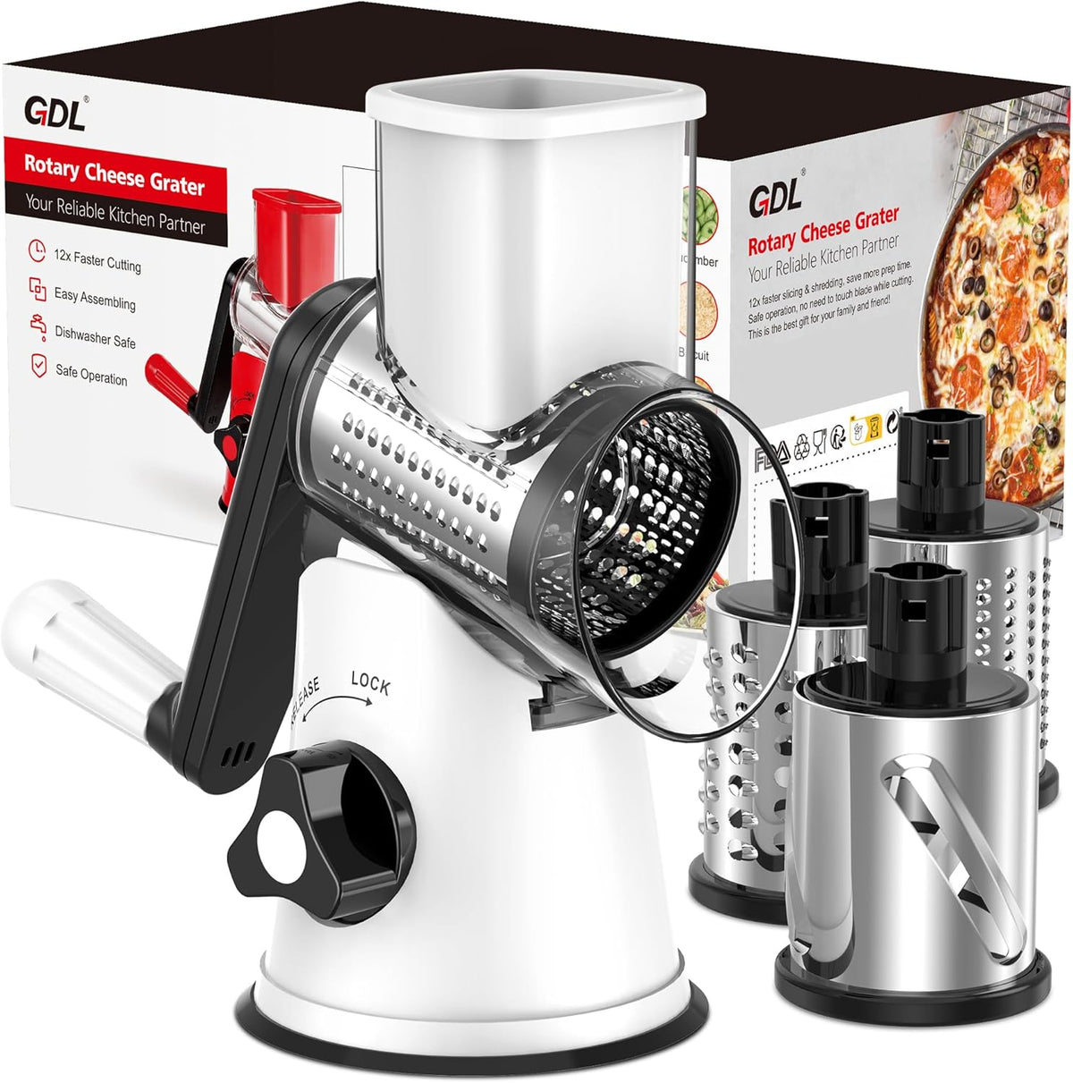 Cheese Grater Hand Crank, Rotary Cheese shredder, Vegetable Slicer | 3 Stainless Steel Blades, 12x Fast Cutting, Non-slip Suction Base, No BPA, Dishwasher Safe, Easy Use for Cheese, Veggies, Nut