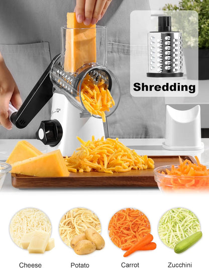 Cheese Grater Hand Crank, Rotary Cheese shredder, Vegetable Slicer | 3 Stainless Steel Blades, 12x Fast Cutting, Non-slip Suction Base, No BPA, Dishwasher Safe, Easy Use for Cheese, Veggies, Nut