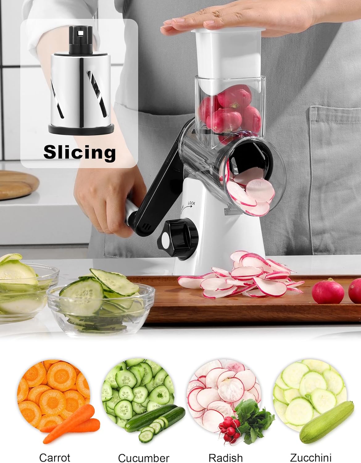 Cheese Grater Hand Crank, Rotary Cheese shredder, Vegetable Slicer | 3 Stainless Steel Blades, 12x Fast Cutting, Non-slip Suction Base, No BPA, Dishwasher Safe, Easy Use for Cheese, Veggies, Nut