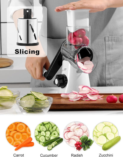 Cheese Grater Hand Crank, Rotary Cheese shredder, Vegetable Slicer | 3 Stainless Steel Blades, 12x Fast Cutting, Non-slip Suction Base, No BPA, Dishwasher Safe, Easy Use for Cheese, Veggies, Nut