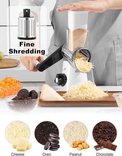 Cheese Grater Hand Crank, Rotary Cheese shredder, Vegetable Slicer | 3 Stainless Steel Blades, 12x Fast Cutting, Non-slip Suction Base, No BPA, Dishwasher Safe, Easy Use for Cheese, Veggies, Nut