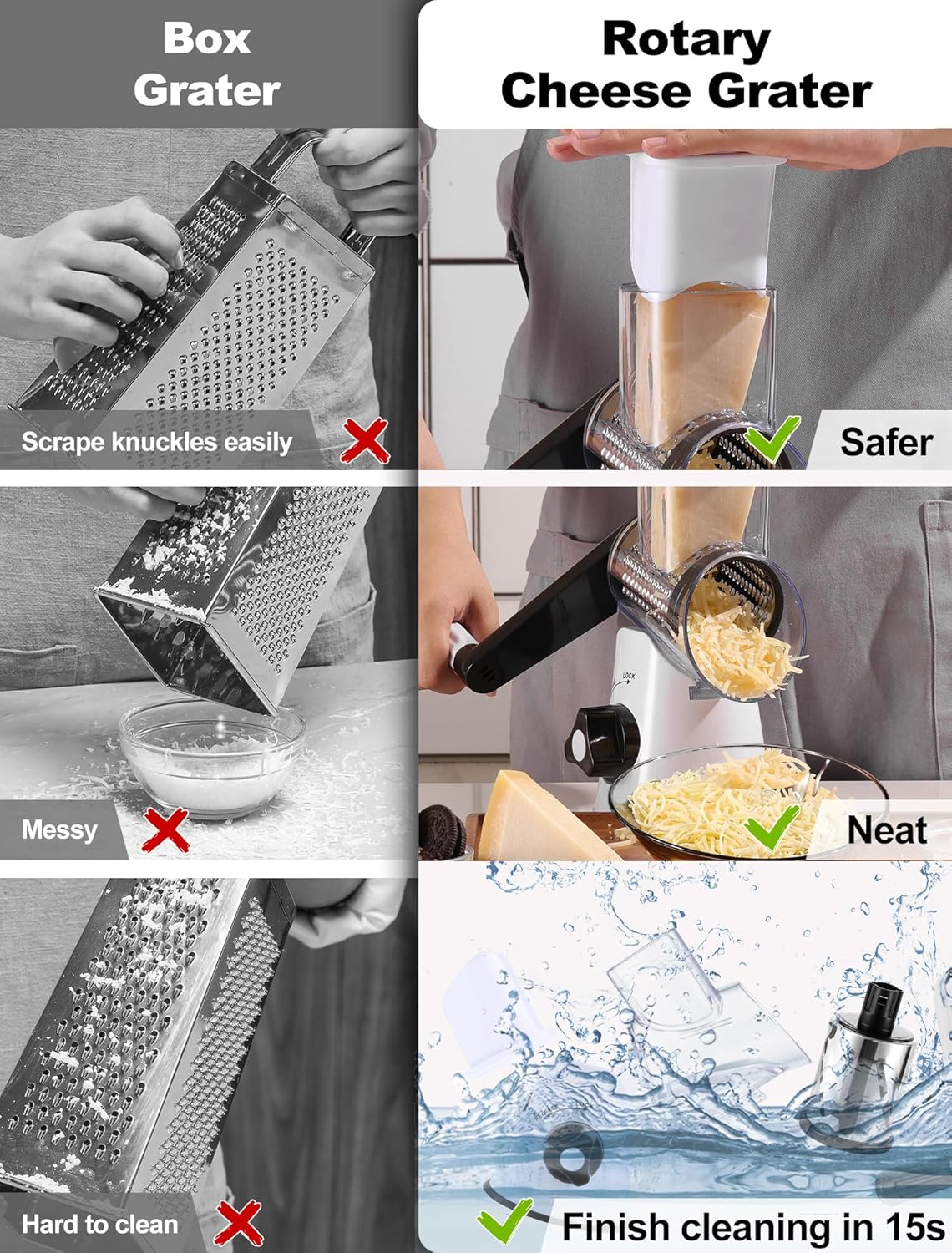 Cheese Grater Hand Crank, Rotary Cheese shredder, Vegetable Slicer | 3 Stainless Steel Blades, 12x Fast Cutting, Non-slip Suction Base, No BPA, Dishwasher Safe, Easy Use for Cheese, Veggies, Nut