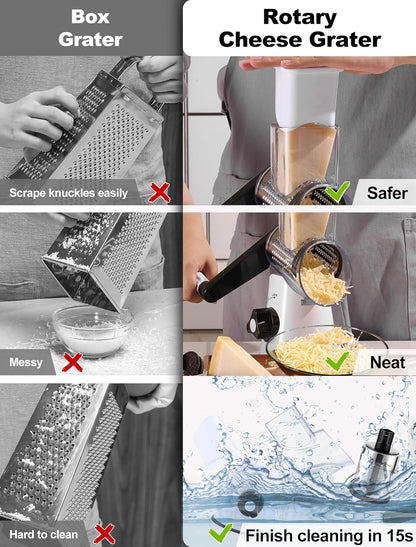Cheese Grater Hand Crank, Rotary Cheese shredder, Vegetable Slicer | 3 Stainless Steel Blades, 12x Fast Cutting, Non-slip Suction Base, No BPA, Dishwasher Safe, Easy Use for Cheese, Veggies, Nut