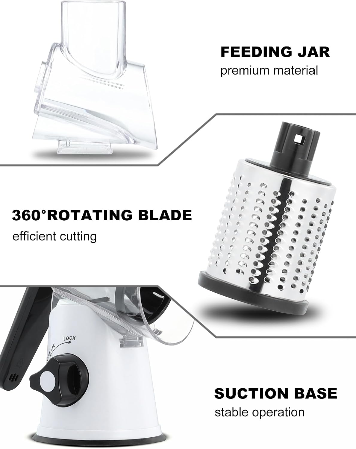 Cheese Grater Hand Crank, Rotary Cheese shredder, Vegetable Slicer | 3 Stainless Steel Blades, 12x Fast Cutting, Non-slip Suction Base, No BPA, Dishwasher Safe, Easy Use for Cheese, Veggies, Nut