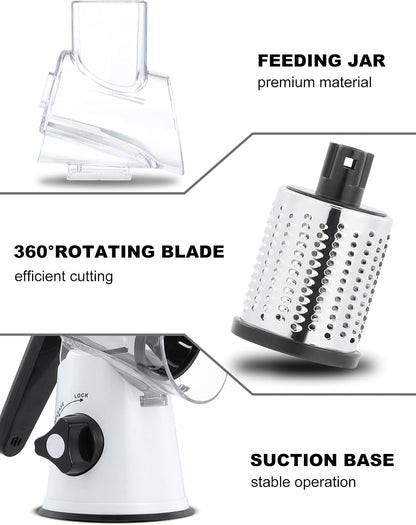 Cheese Grater Hand Crank, Rotary Cheese shredder, Vegetable Slicer | 3 Stainless Steel Blades, 12x Fast Cutting, Non-slip Suction Base, No BPA, Dishwasher Safe, Easy Use for Cheese, Veggies, Nut
