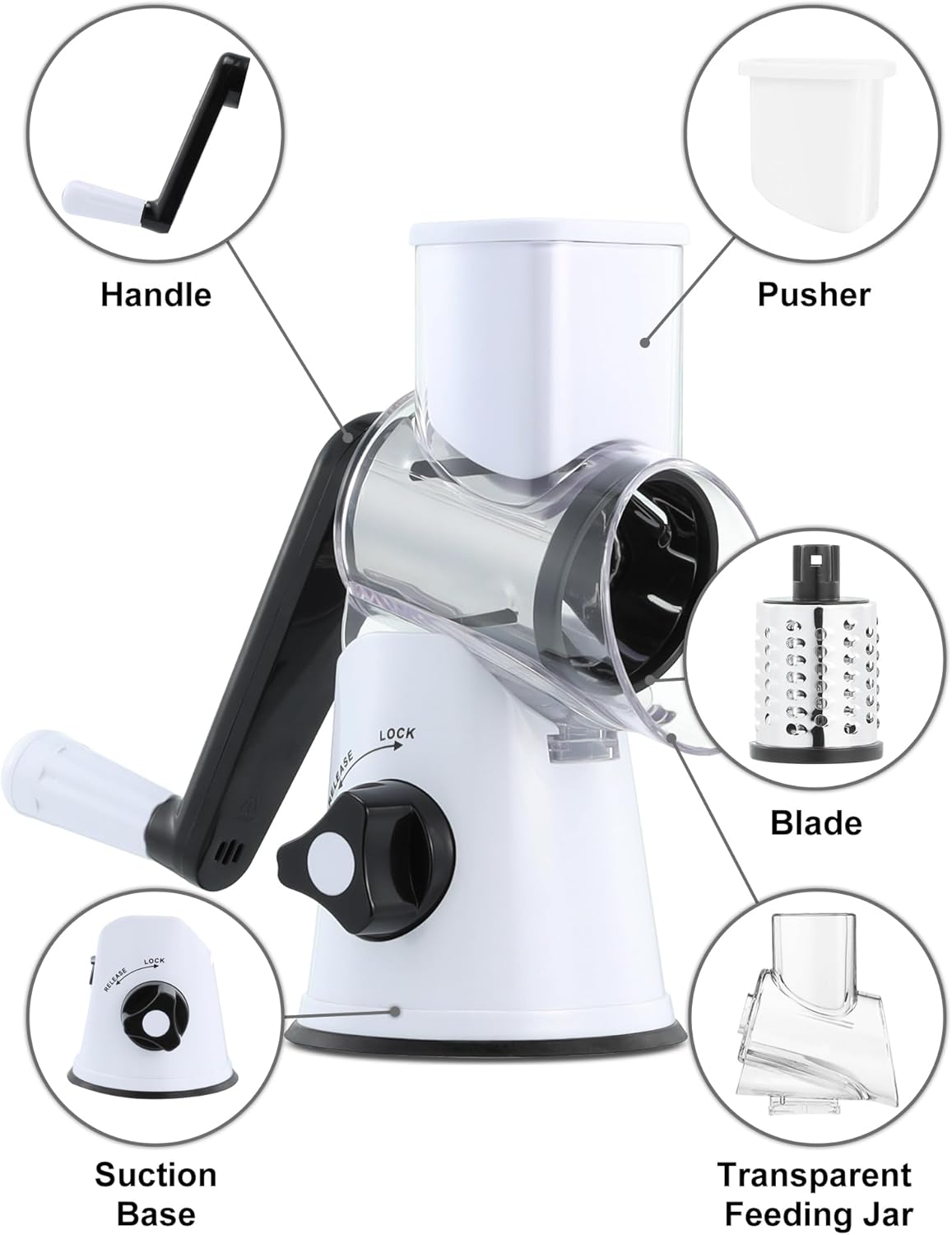 Cheese Grater Hand Crank, Rotary Cheese shredder, Vegetable Slicer | 3 Stainless Steel Blades, 12x Fast Cutting, Non-slip Suction Base, No BPA, Dishwasher Safe, Easy Use for Cheese, Veggies, Nut