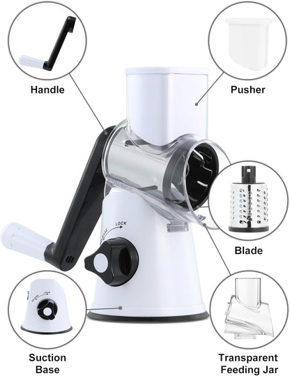 Cheese Grater Hand Crank, Rotary Cheese shredder, Vegetable Slicer | 3 Stainless Steel Blades, 12x Fast Cutting, Non-slip Suction Base, No BPA, Dishwasher Safe, Easy Use for Cheese, Veggies, Nut