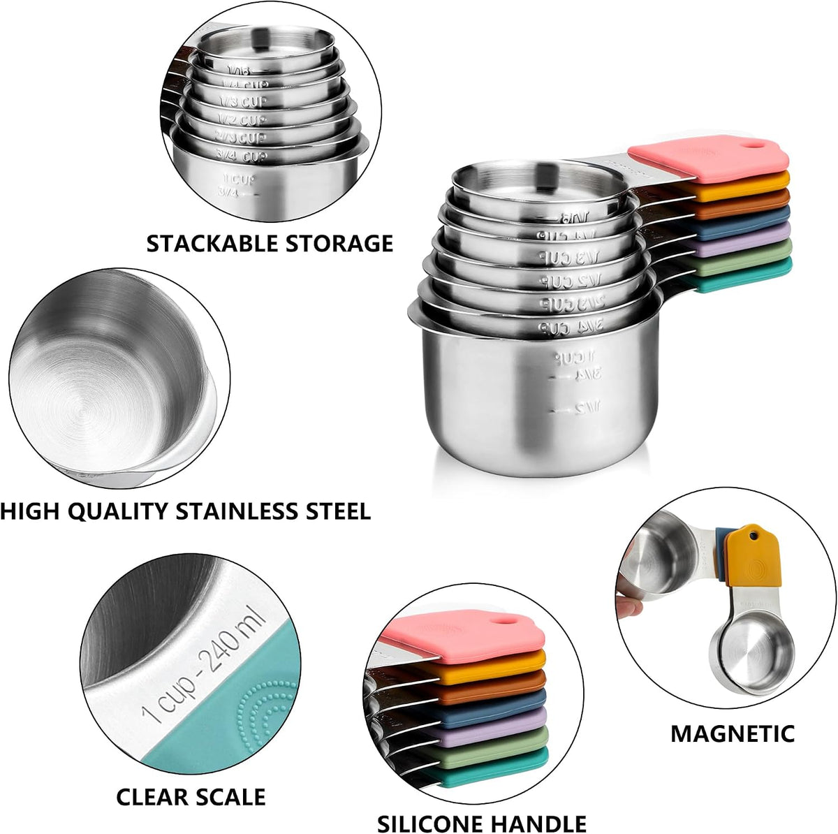 Magnetic Measuring Cups Set of 7 Stainless Steel Stackable Measuring Cups