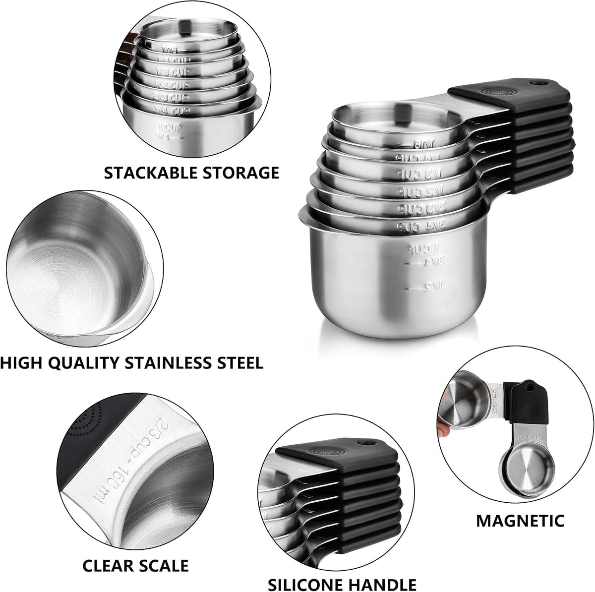 Magnetic Measuring Cups Set of 7 Stainless Steel Stackable Measuring Cups