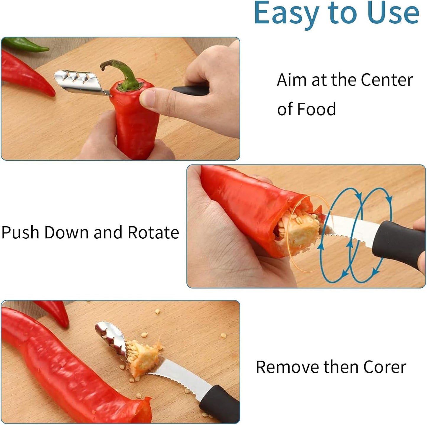 2 Pcs Jalapeno Corer Tool Pepper Corer with Serrated Slice Stainless Steel Pepper Seed Remover Kitchen Fruit and Vegetable Deseeder Efficient Seeding Tool for Jalapeños Chilis Cucumber