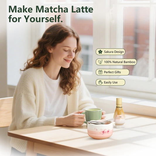 7PCS Matcha Whisk Set, Sakura Cherry Bloosm Matcha Kit Gift for Women Birthdays Mom Girls Kids and Matcha Tea Lover, with Bamboo Whisk, Holder, Bowl, Scoop, Sifter, Towel, and Elegant box