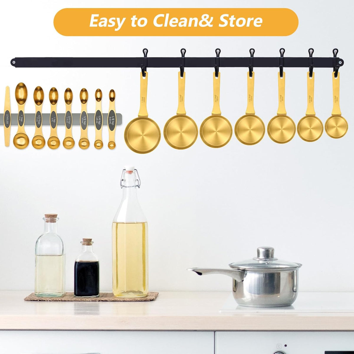 15pcs Gold Magnetic Measuring Spoons and Cups Set, Stainless Steel 8 Dual Sided Magnetic Measuring Spoons set with Leveler, 7 Cups, Measurement for Liquid and Dry Ingredients for Kitchen