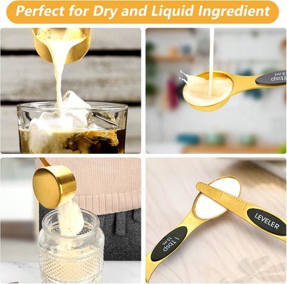 15pcs Gold Magnetic Measuring Spoons and Cups Set, Stainless Steel 8 Dual Sided Magnetic Measuring Spoons set with Leveler, 7 Cups, Measurement for Liquid and Dry Ingredients for Kitchen