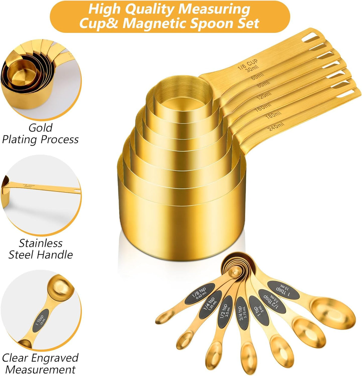 15pcs Gold Magnetic Measuring Spoons and Cups Set, Stainless Steel 8 Dual Sided Magnetic Measuring Spoons set with Leveler, 7 Cups, Measurement for Liquid and Dry Ingredients for Kitchen