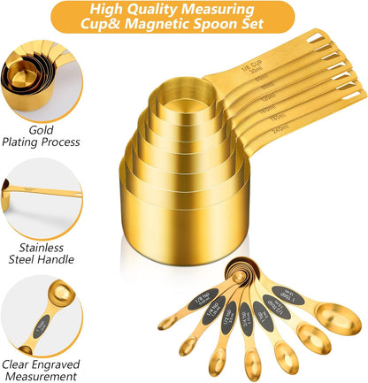 15pcs Gold Magnetic Measuring Spoons and Cups Set, Stainless Steel 8 Dual Sided Magnetic Measuring Spoons set with Leveler, 7 Cups, Measurement for Liquid and Dry Ingredients for Kitchen