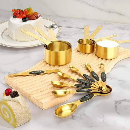 15pcs Gold Magnetic Measuring Spoons and Cups Set, Stainless Steel 8 Dual Sided Magnetic Measuring Spoons set with Leveler, 7 Cups, Measurement for Liquid and Dry Ingredients for Kitchen