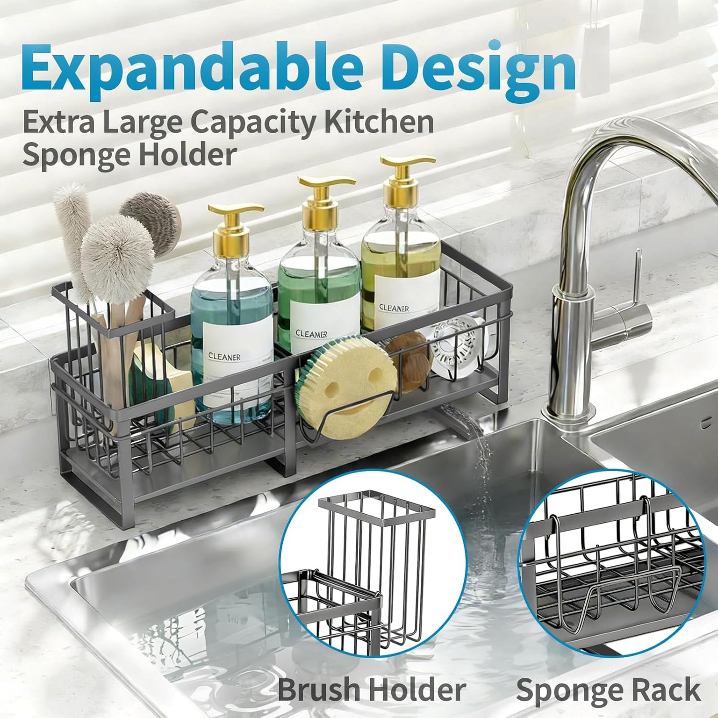 Extra Large Extendable Sponge Holder for Kitchen Sink, Rustproof Sink Caddy Organizer with High Brush Holder, Dish Soap Dispenser Organizers and Storage (Black)