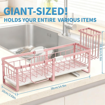 Extra Large Extendable Sponge Holder for Kitchen Sink, Rustproof Sink Caddy Organizer with High Brush Holder, Dish Soap Dispenser Organizers and Storage (Black)