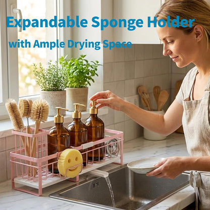 Extra Large Extendable Sponge Holder for Kitchen Sink, Rustproof Sink Caddy Organizer with High Brush Holder, Dish Soap Dispenser Organizers and Storage (Black)