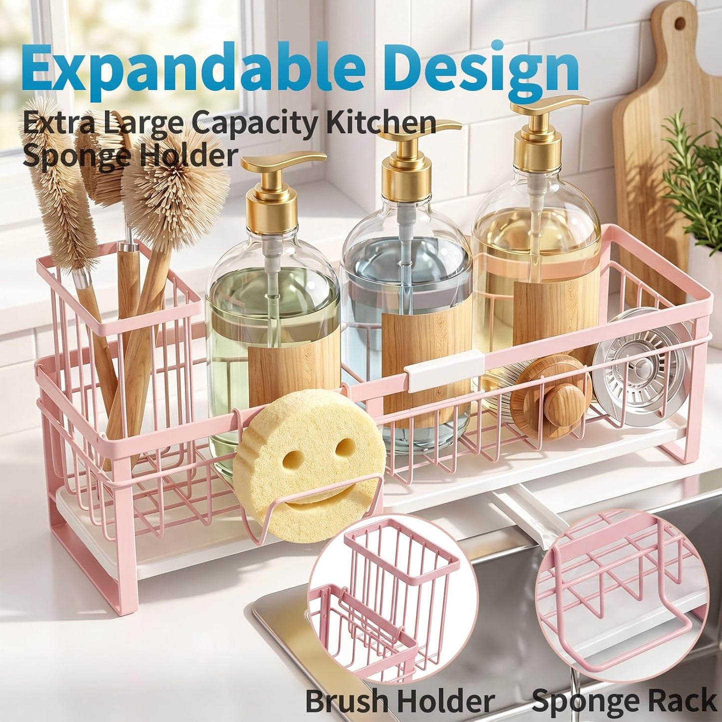 Extra Large Extendable Sponge Holder for Kitchen Sink, Rustproof Sink Caddy Organizer with High Brush Holder, Dish Soap Dispenser Organizers and Storage (Black)