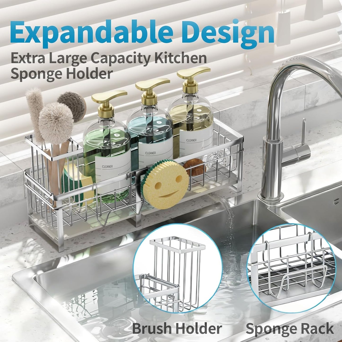 Extra Large Extendable Sponge Holder for Kitchen Sink, Rustproof Sink Caddy Organizer with High Brush Holder, Dish Soap Dispenser Organizers and Storage (Black)