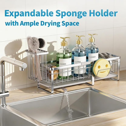 Extra Large Extendable Sponge Holder for Kitchen Sink, Rustproof Sink Caddy Organizer with High Brush Holder, Dish Soap Dispenser Organizers and Storage (Black)