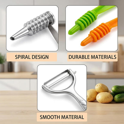 Potato Peeler, Stainless Steel Peeler, 6 Pcs Spiral Cutter Set, Spiral Cutter for Vegetable Preparation, Stainless Steel Vegetable Peeler with Plastic Spiralizers for Kitchen Tasks