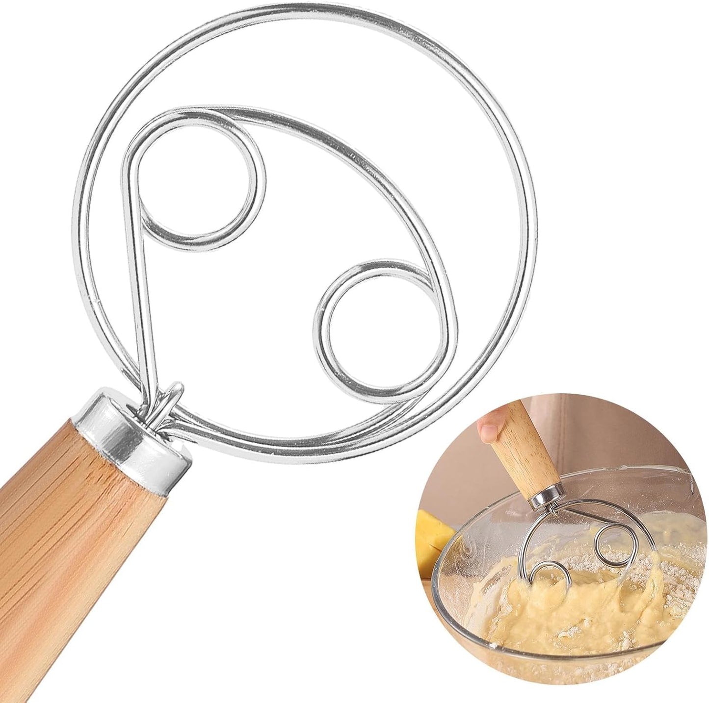 Danish Dough Whisk, 13 inch Sourdough Whisk Stainless Steel Bread Dough Mixer with Smooth Wooden Handle, Sourdough Stirring Stick Bread Making Tool(SIZE:Double Eye)