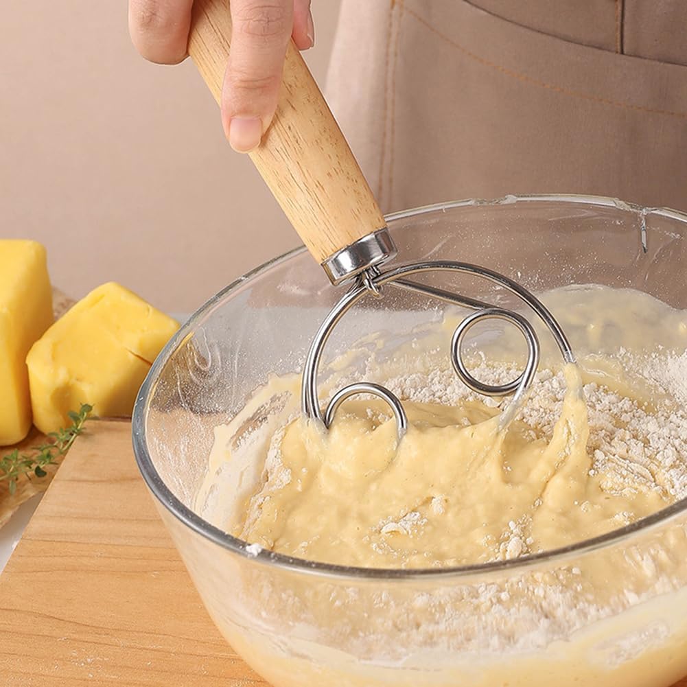 Danish Dough Whisk, 13 inch Sourdough Whisk Stainless Steel Bread Dough Mixer with Smooth Wooden Handle, Sourdough Stirring Stick Bread Making Tool(SIZE:Double Eye)