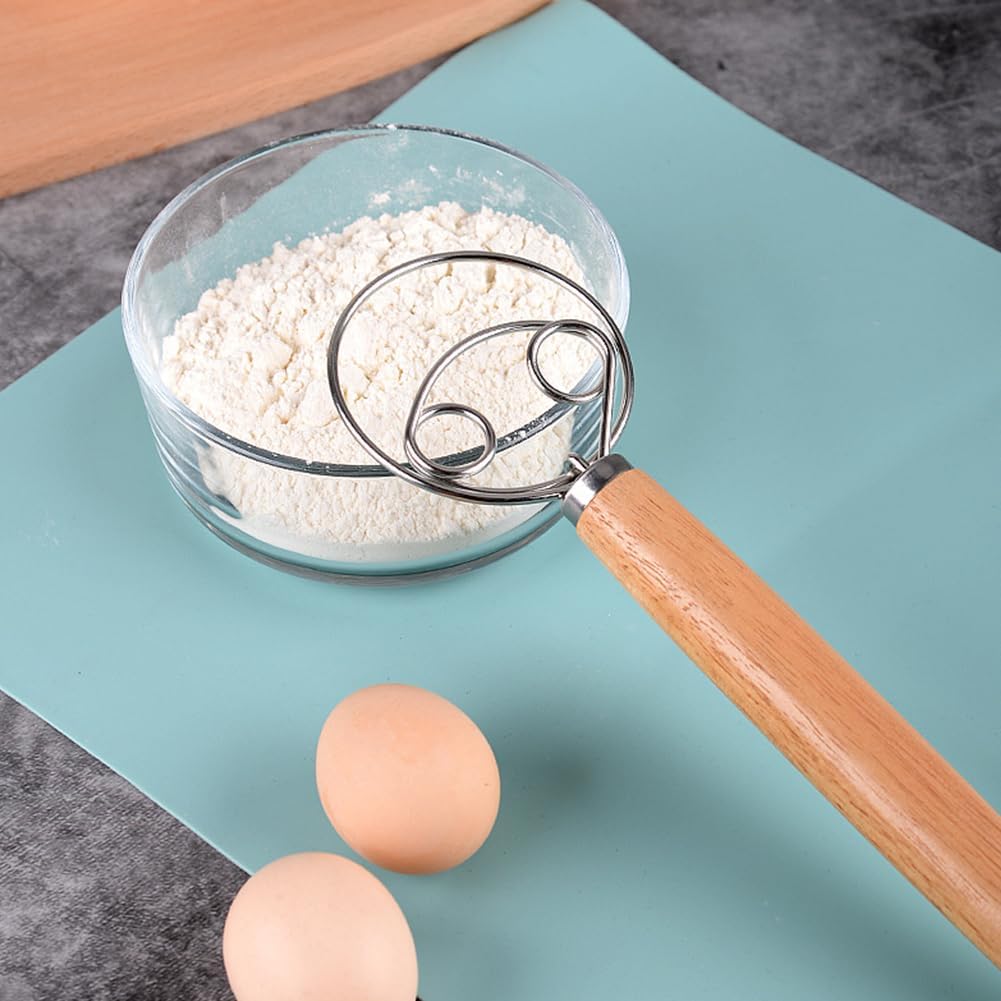 Danish Dough Whisk, 13 inch Sourdough Whisk Stainless Steel Bread Dough Mixer with Smooth Wooden Handle, Sourdough Stirring Stick Bread Making Tool(SIZE:Double Eye)